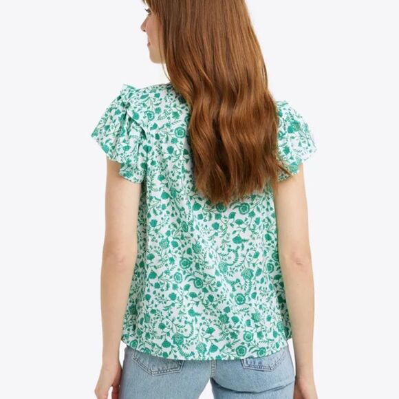 NWOT Draper James Flutter Sleeve Top Blouse Shirt Woodblock Green Floral MEDIUM - Picture 2 of 9